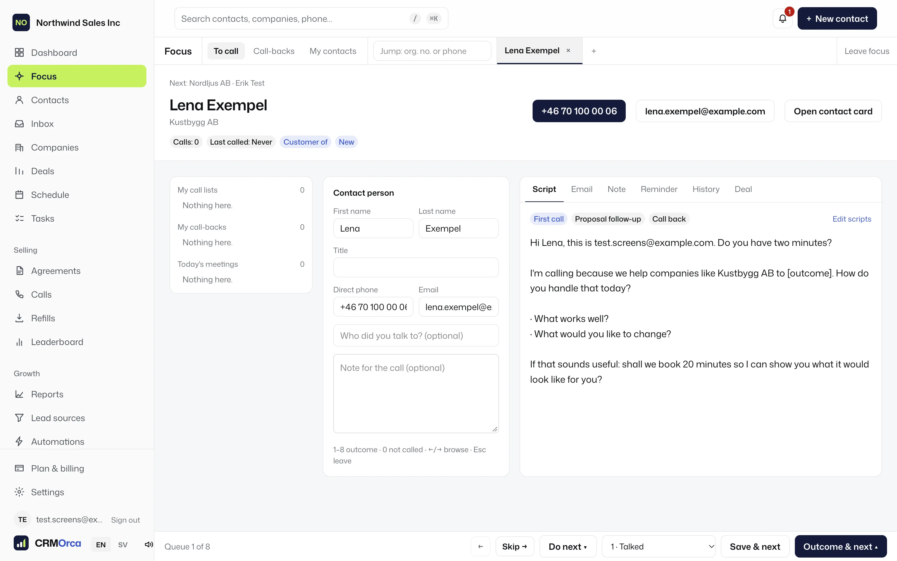 CRMOrca focus dialer with a contact, call script and outcome keys